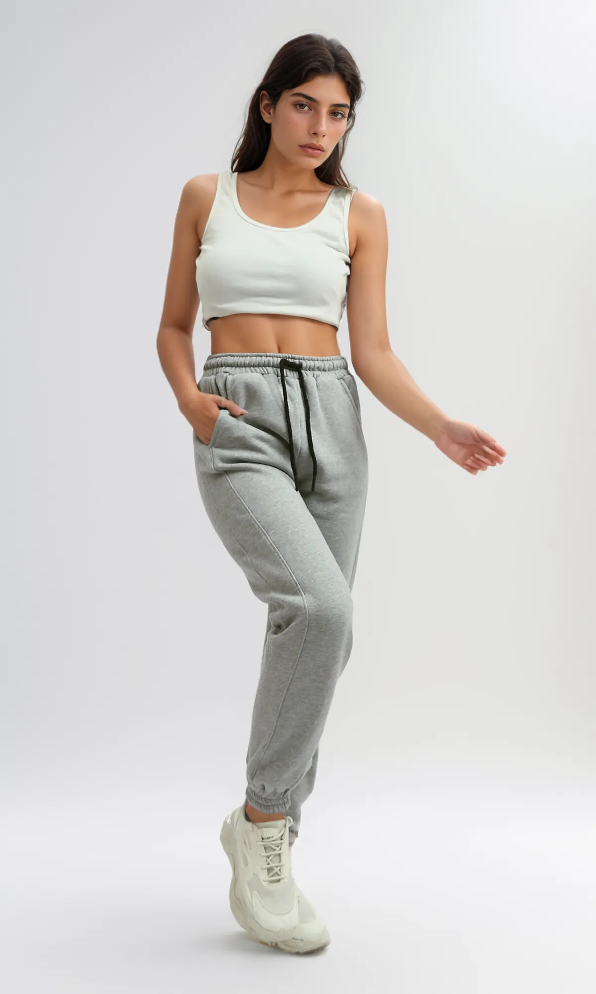 O199402 Heather Grey Slip On Jogger Pants Elastic Waist