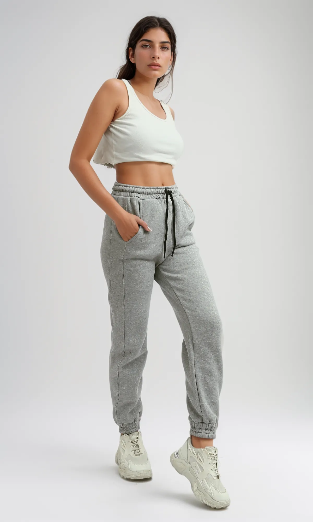 O199402 Heather Grey Slip On Jogger Pants Elastic Waist