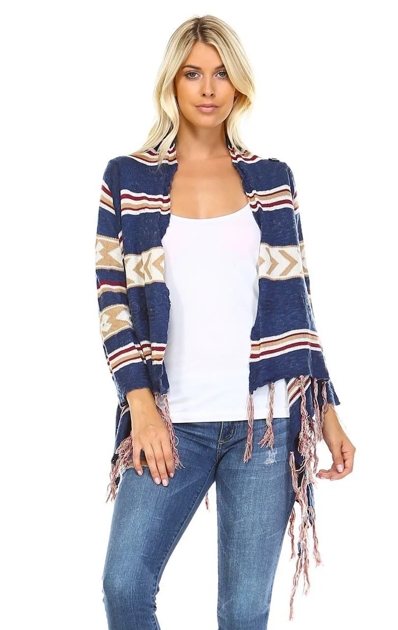 Open Front Oversized Fringe Cardigan with Cowl Button Up Navy