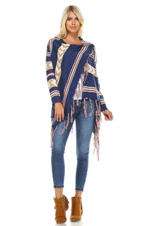 Open Front Oversized Fringe Cardigan with Cowl Button Up Navy