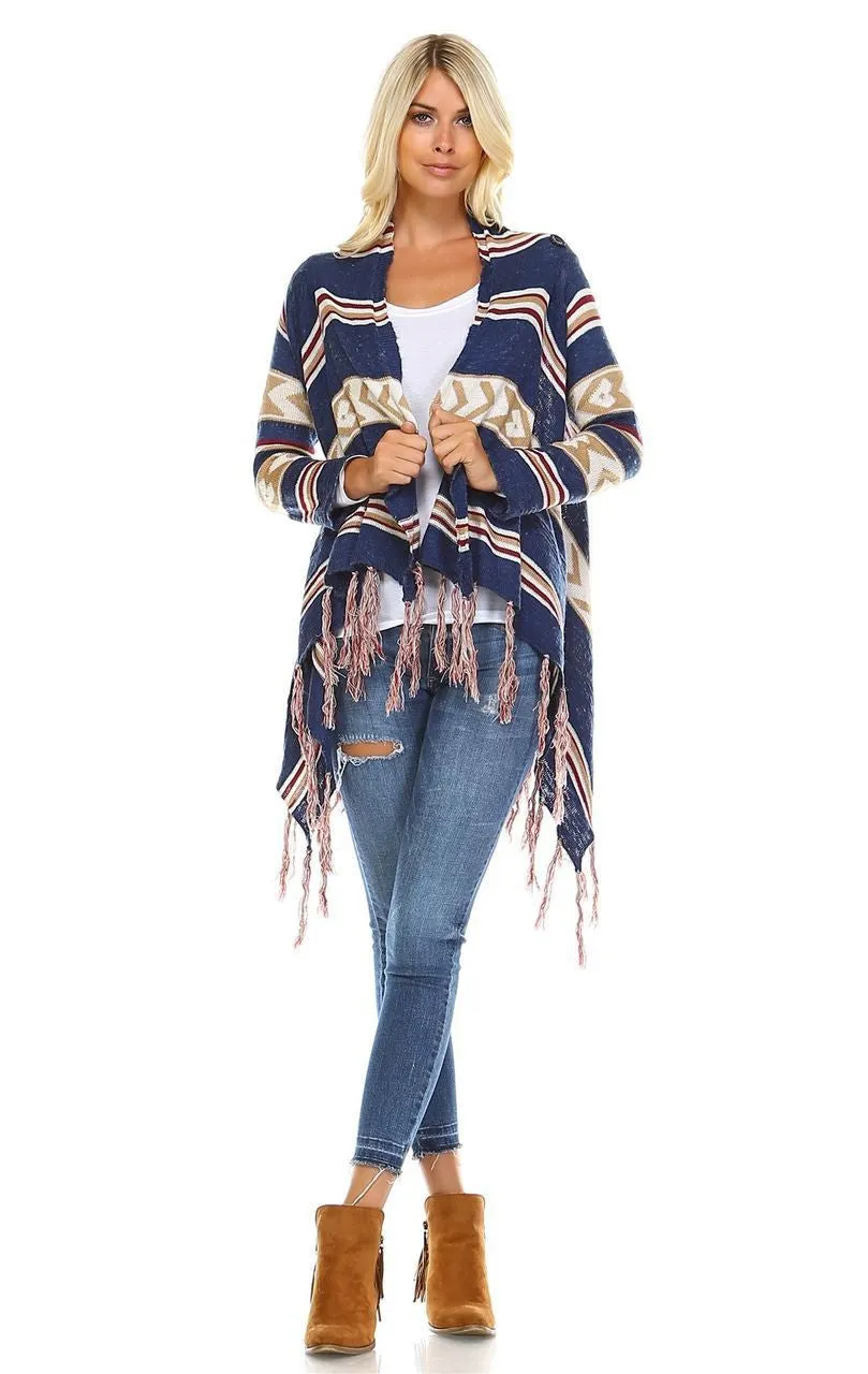 Open Front Oversized Fringe Cardigan with Cowl Button Up Navy