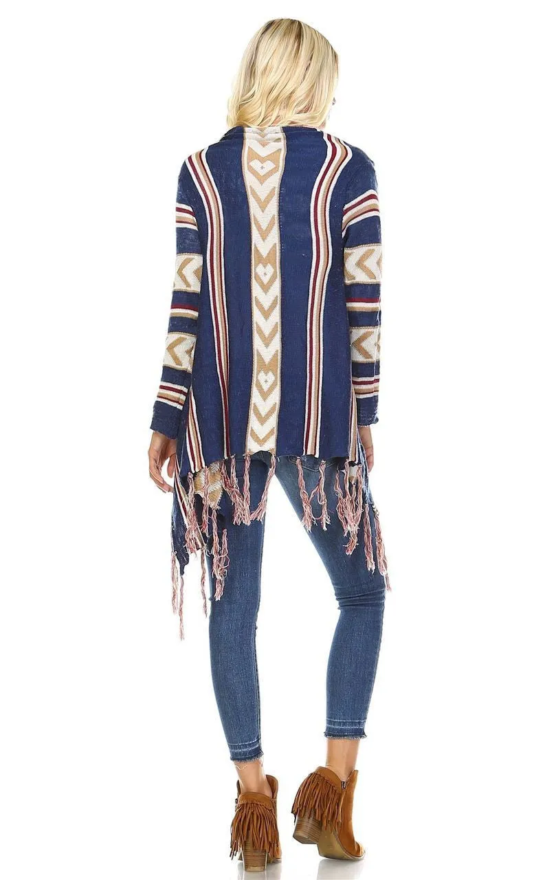 Open Front Oversized Fringe Cardigan with Cowl Button Up Navy