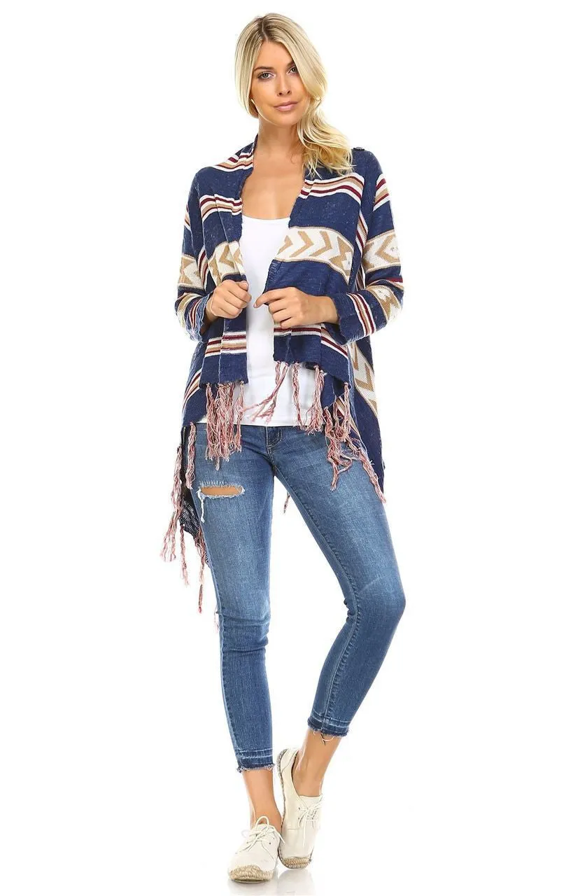 Open Front Oversized Fringe Cardigan with Cowl Button Up Navy