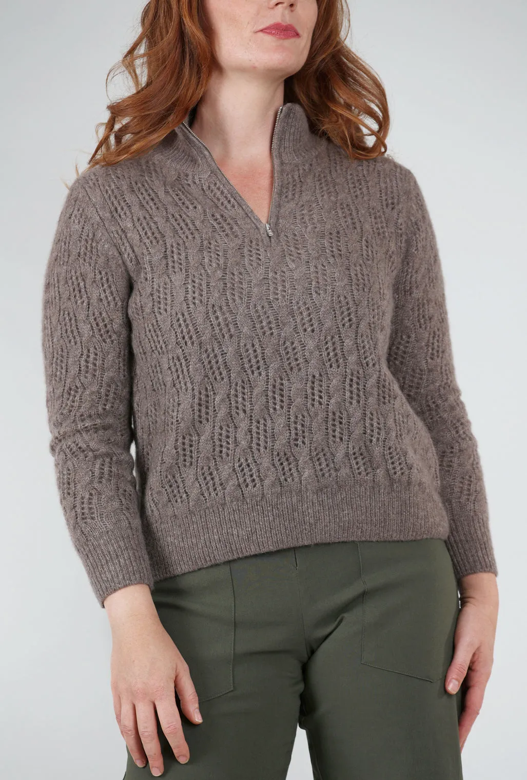 Pointelle Half-Zip Sweater, Hazelnut