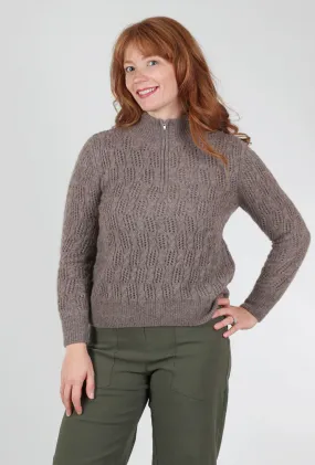 Pointelle Half-Zip Sweater, Hazelnut