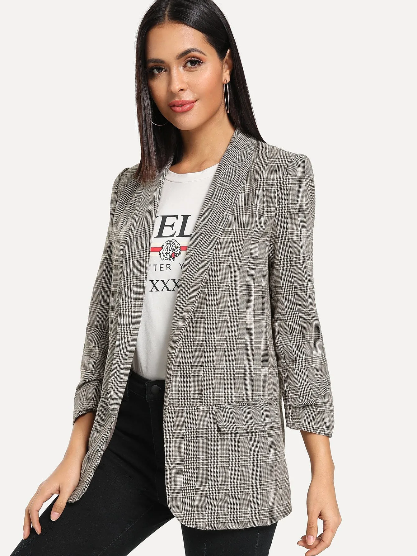 Shawl Collar Pocket Patched Plaid Blazer