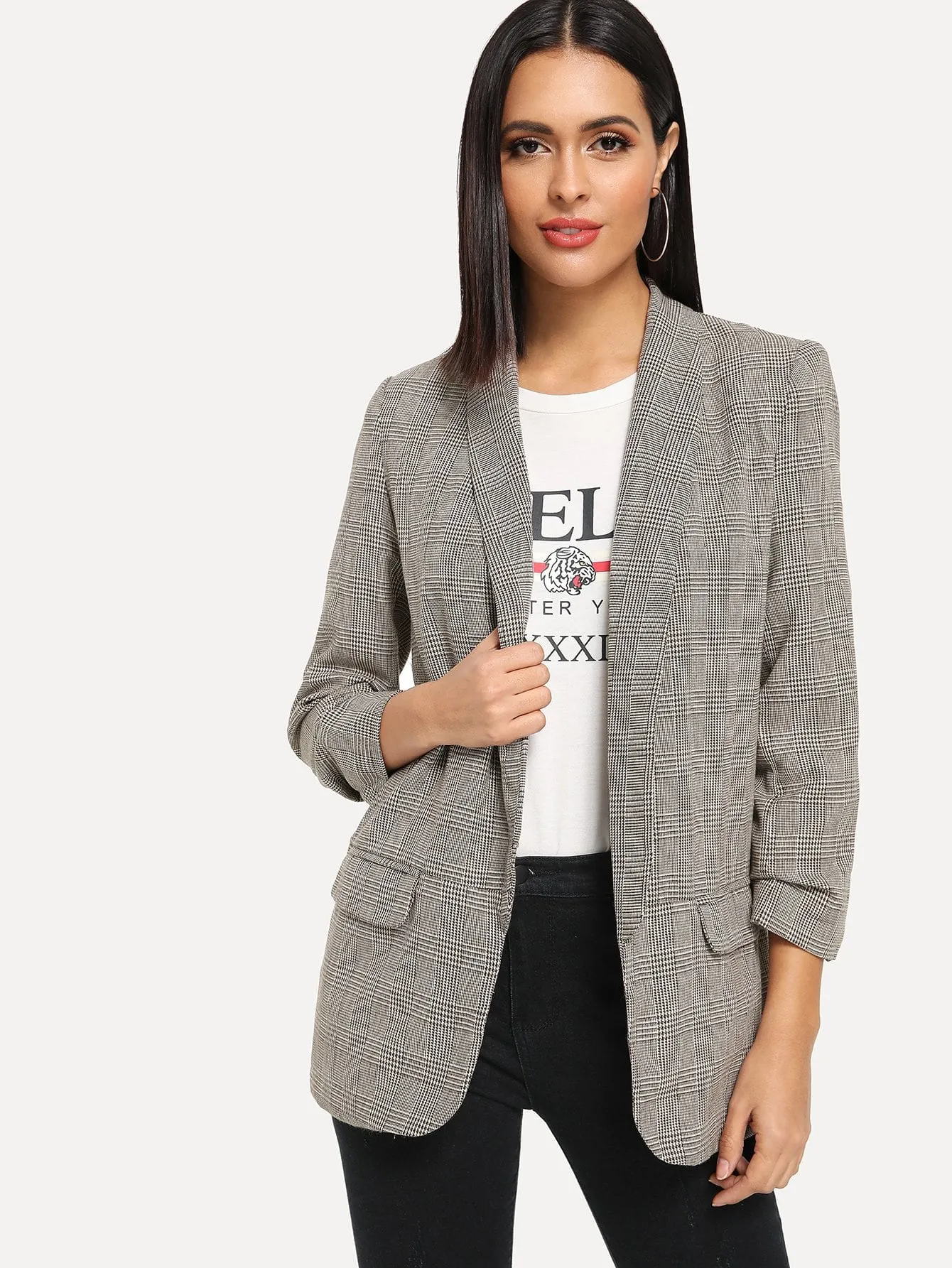 Shawl Collar Pocket Patched Plaid Blazer