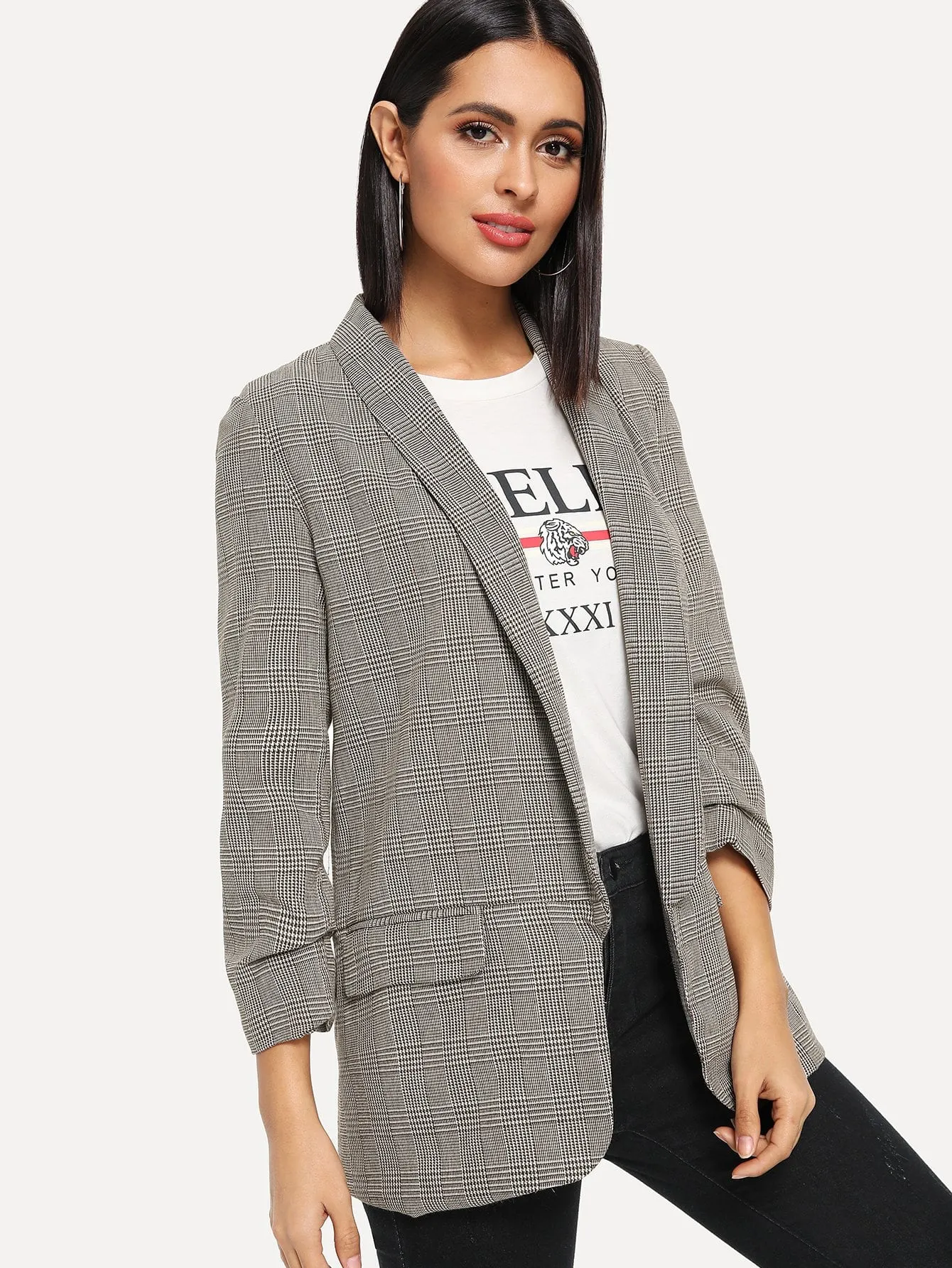 Shawl Collar Pocket Patched Plaid Blazer