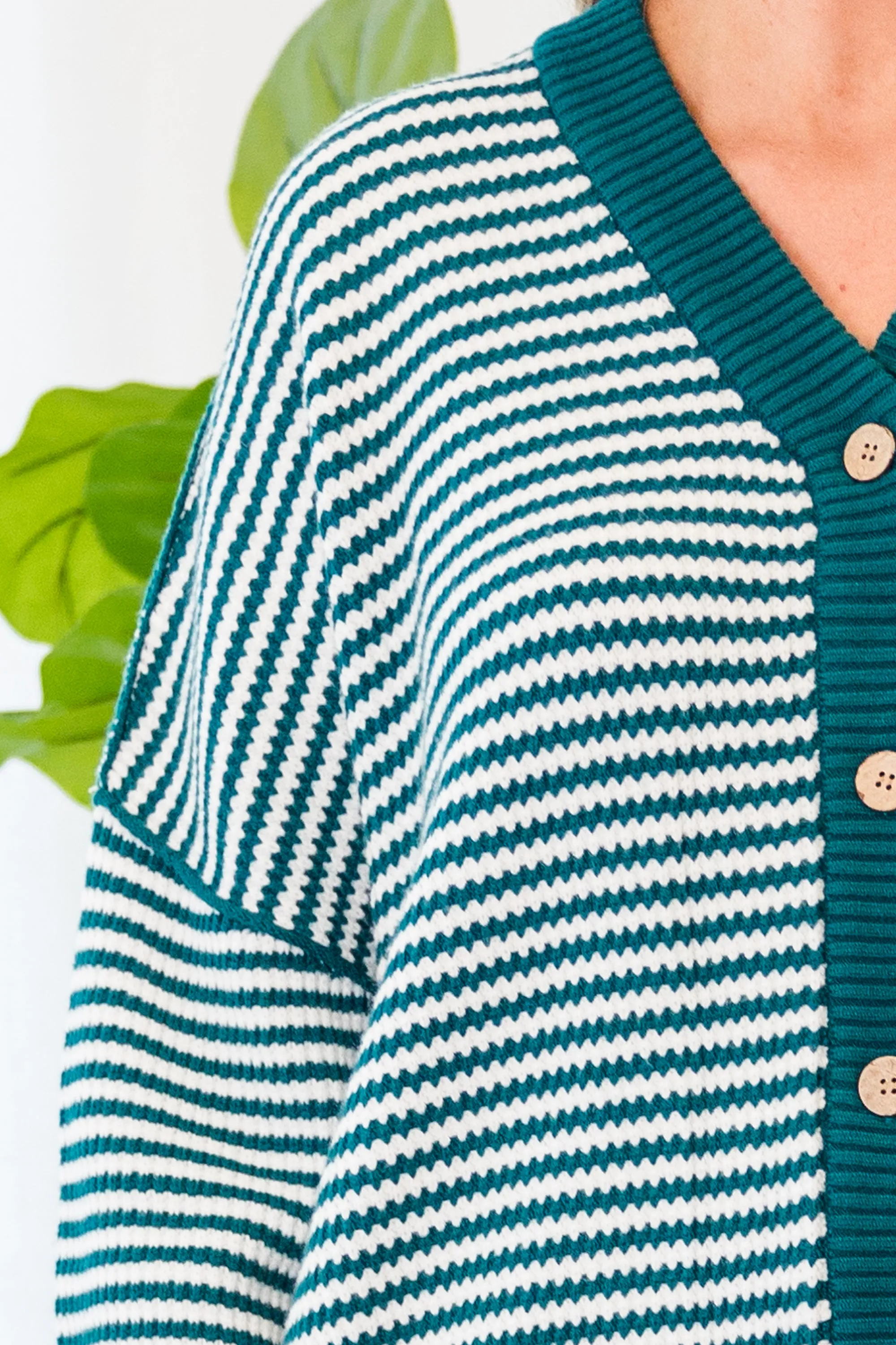 Snuggly Stripe Button-Up Sweater, Jade Green-Ivory