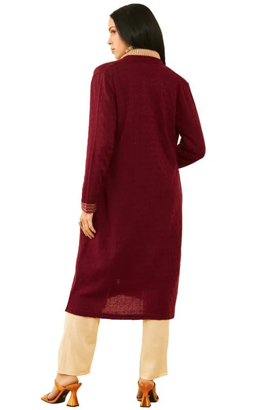 Soch Womens Maroon Acrylic Geometric Pattern Knitted Open-Front Longline Shrug(WW-CWA3OW73012A)