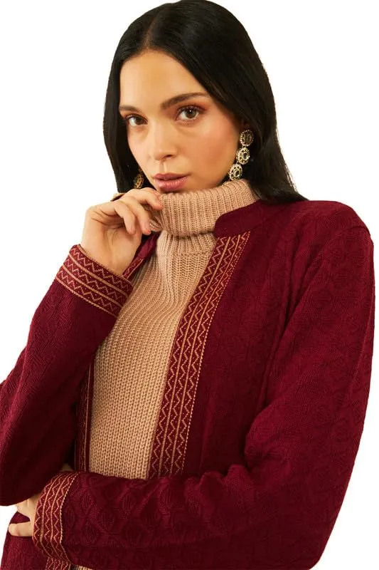 Soch Womens Maroon Acrylic Geometric Pattern Knitted Open-Front Longline Shrug(WW-CWA3OW73012A)