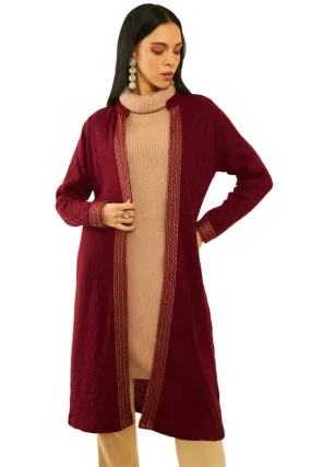 Soch Womens Maroon Acrylic Geometric Pattern Knitted Open-Front Longline Shrug(WW-CWA3OW73012A)