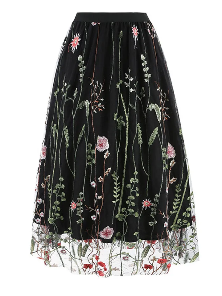 Spring Floral Leaf Embroidery Elegant Mesh Skirt for Lady