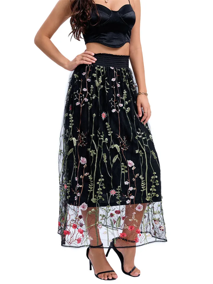 Spring Floral Leaf Embroidery Elegant Mesh Skirt for Lady