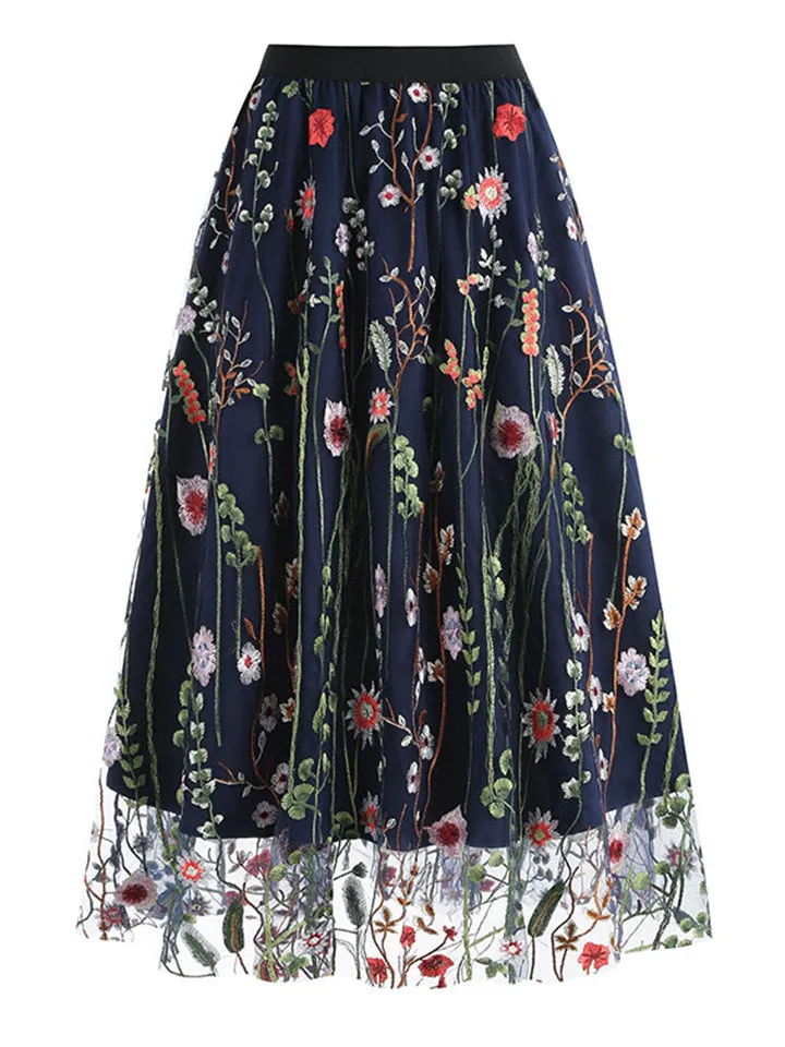 Spring Floral Leaf Embroidery Elegant Mesh Skirt for Lady