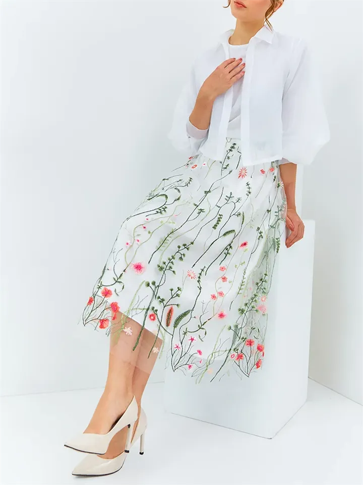 Spring Floral Leaf Embroidery Elegant Mesh Skirt for Lady