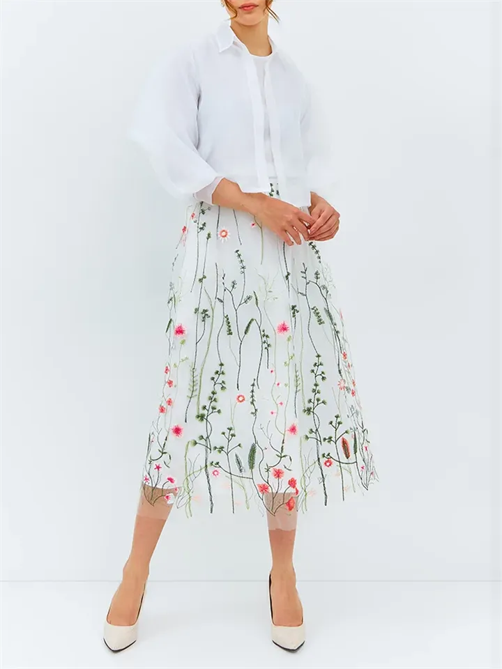 Spring Floral Leaf Embroidery Elegant Mesh Skirt for Lady