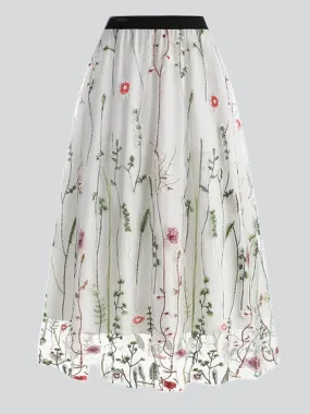 Spring Floral Leaf Embroidery Elegant Mesh Skirt for Lady