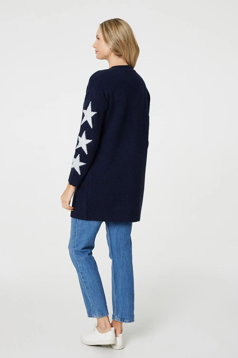 Star Print Longline Knit Open Cardigan