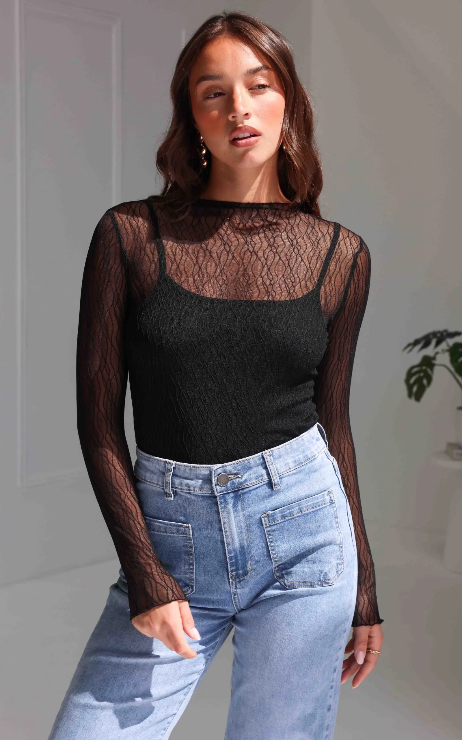 Thurman Sheer Mesh Top - Black Texture