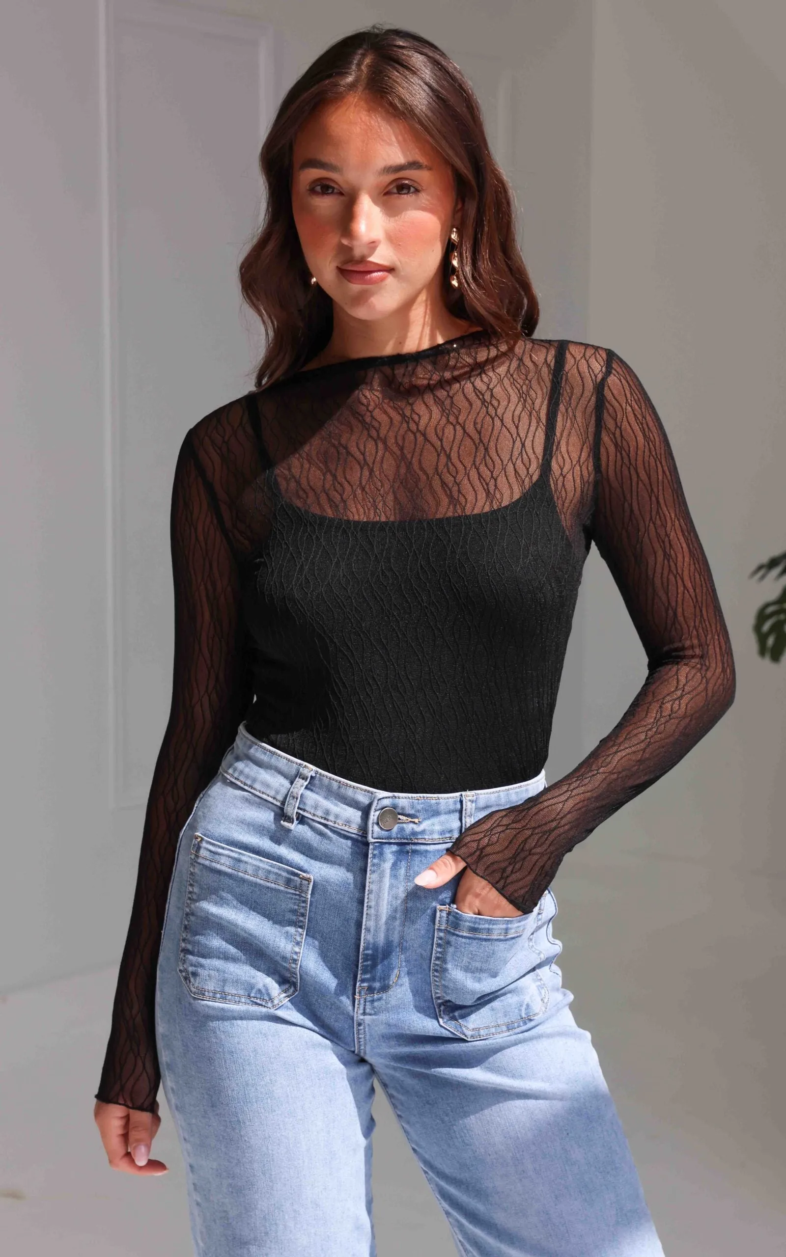 Thurman Sheer Mesh Top - Black Texture