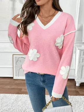 Trendy Floral V-Neck Knit Sweater for Stylish Outfits