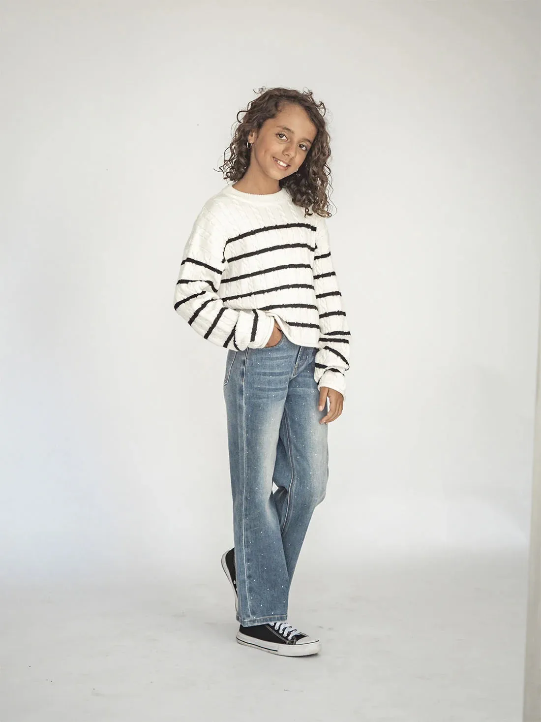 Tween Sweaters |Striped Cable Knit-Sweater | Flowers by Zoe