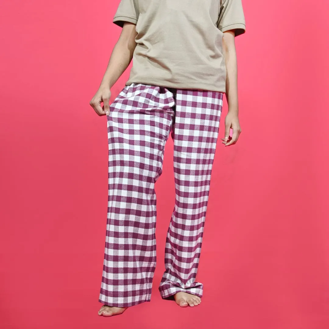 Unisex Checked Loungewear Comfy Soft Maroon Cotton Trouser