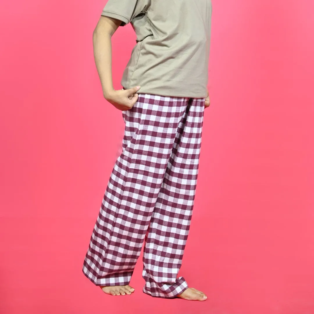 Unisex Checked Loungewear Comfy Soft Maroon Cotton Trouser