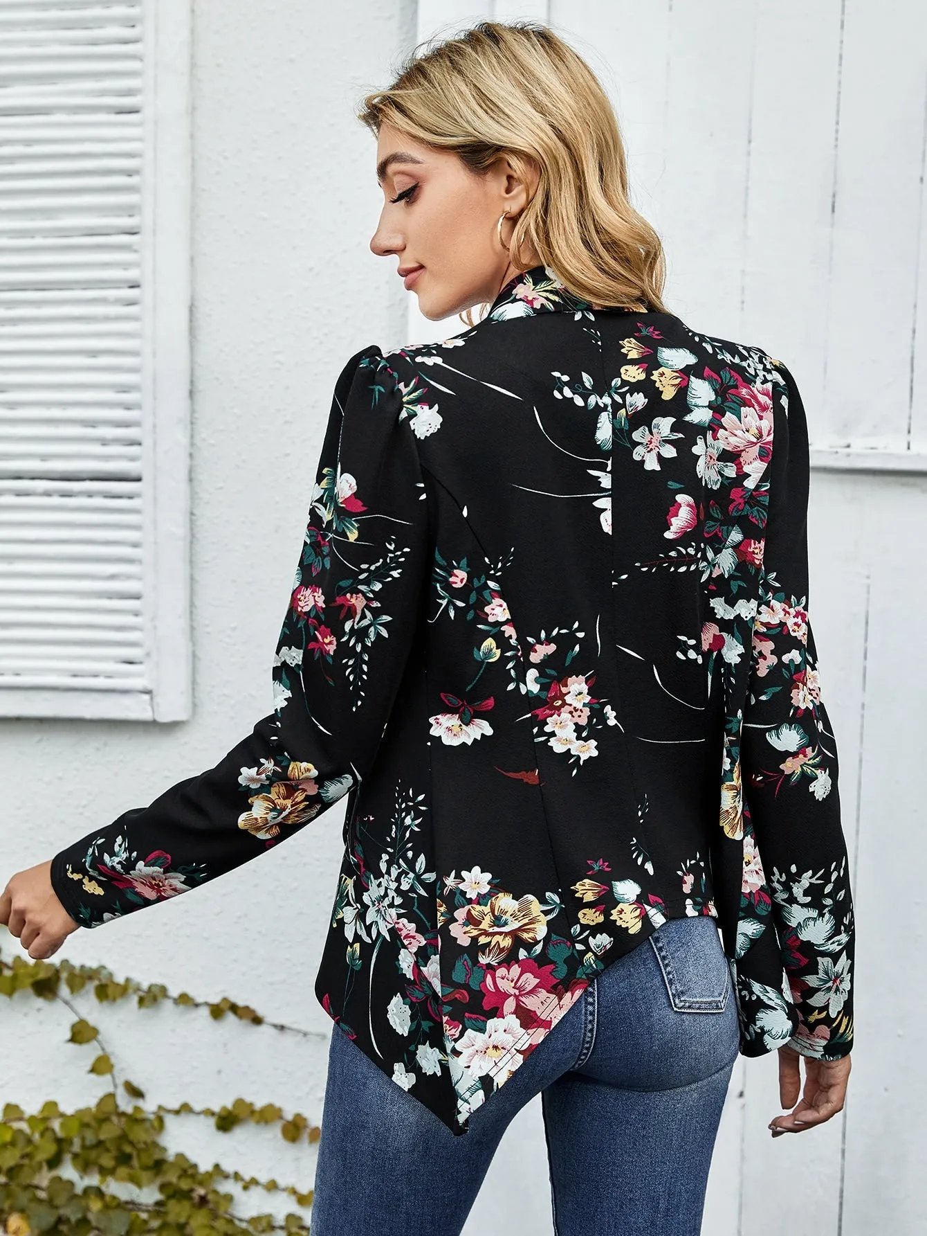 Waterfall Collar Asymmetrical Hem Floral Blazer