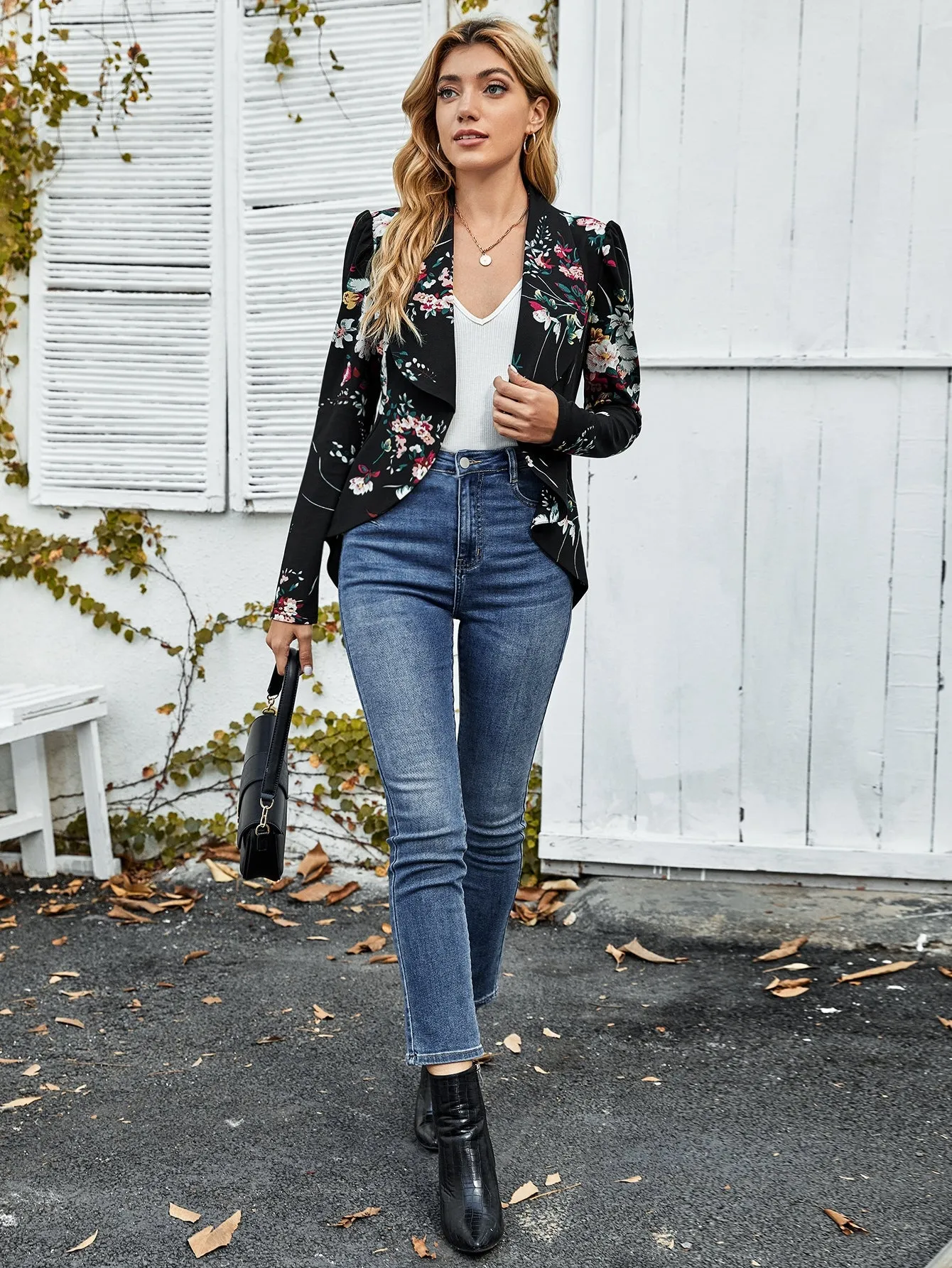 Waterfall Collar Asymmetrical Hem Floral Blazer