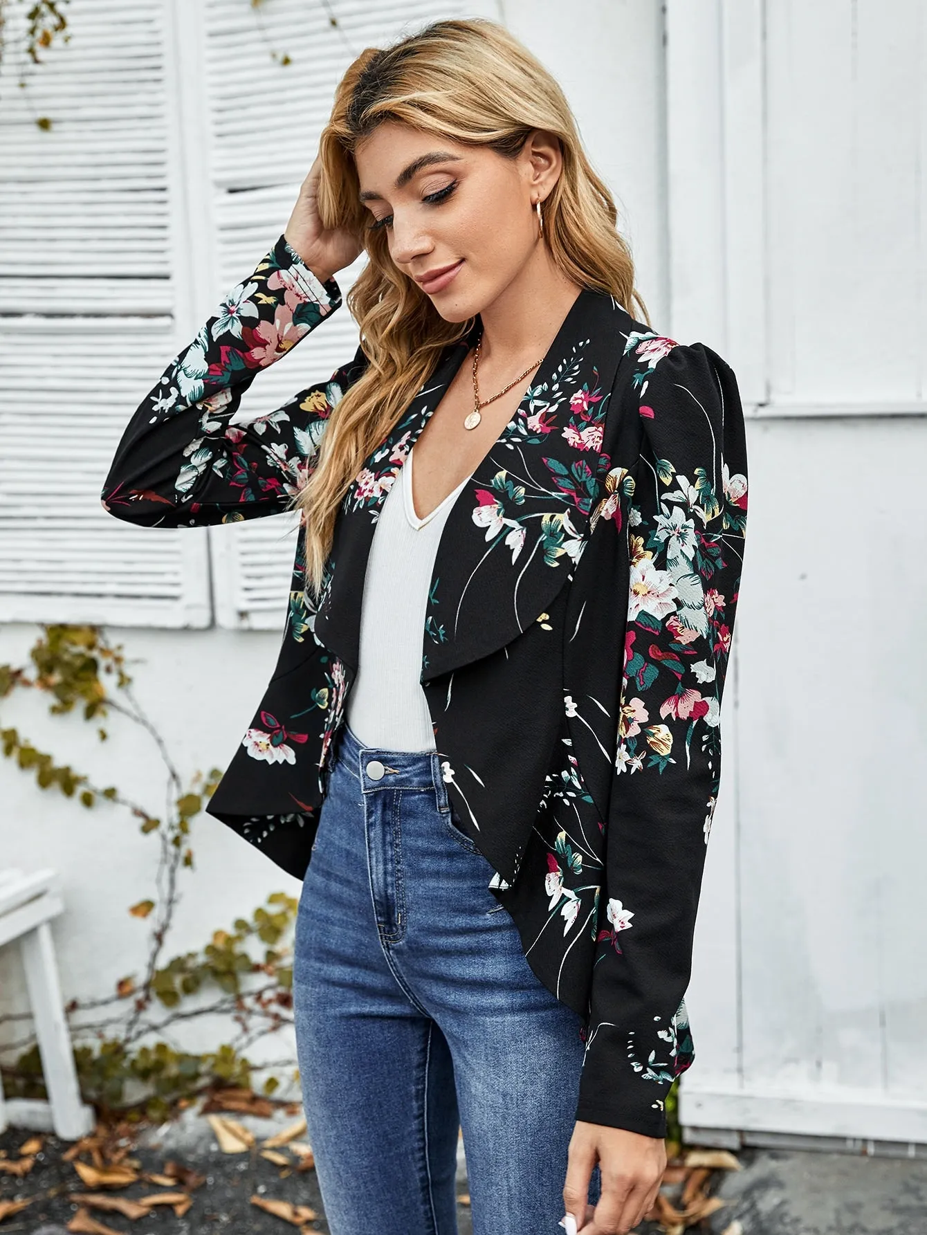 Waterfall Collar Asymmetrical Hem Floral Blazer