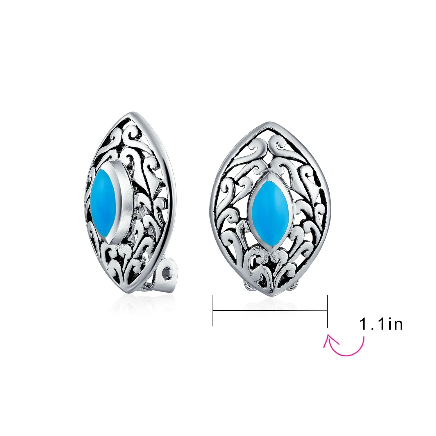 Western Filigree Marquise Blue Turquoise Clip-On Earrings Non-Pierced Sterling Silver