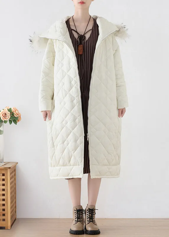 White Fur Collar Zippered Thick Hooded Parka Winter