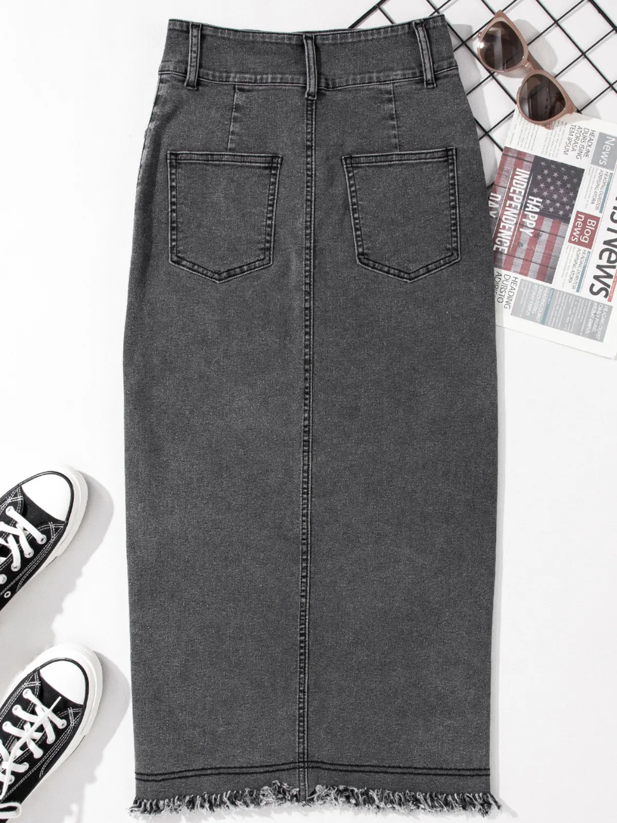 Womens Black Raw Edge Side Slits Buttoned Midi Denim Skirt