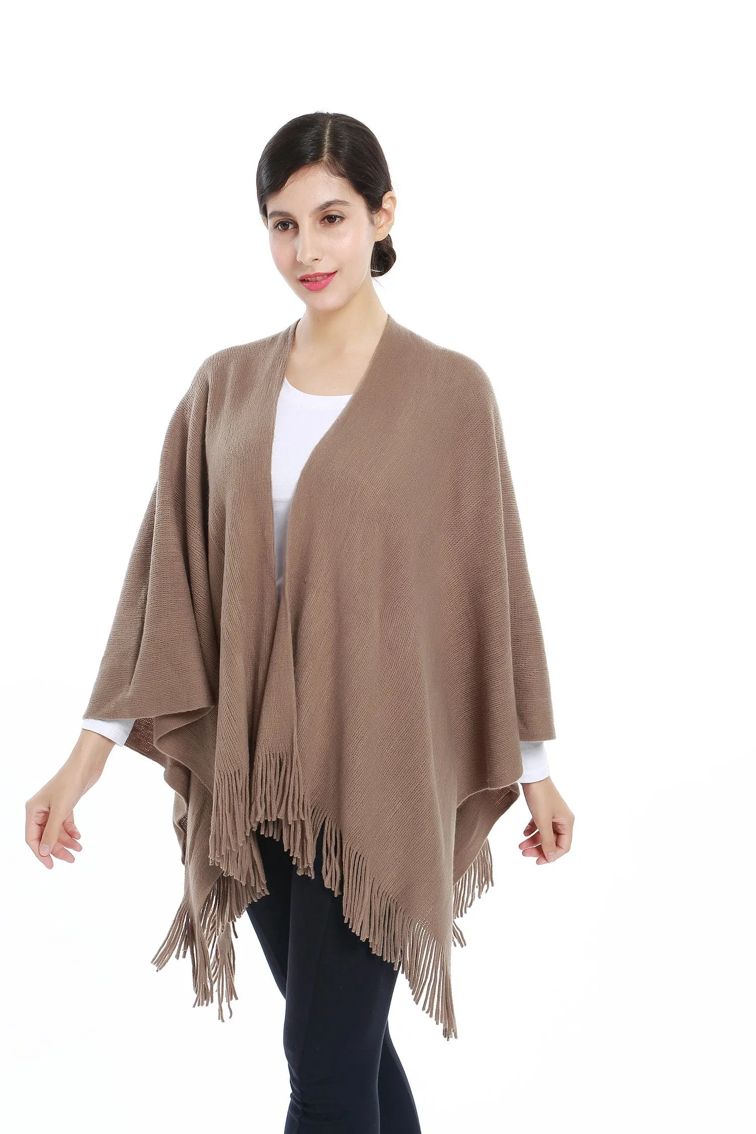 Women's Knitted Kimono Cardigan Cape Solid Brown Color CAR201