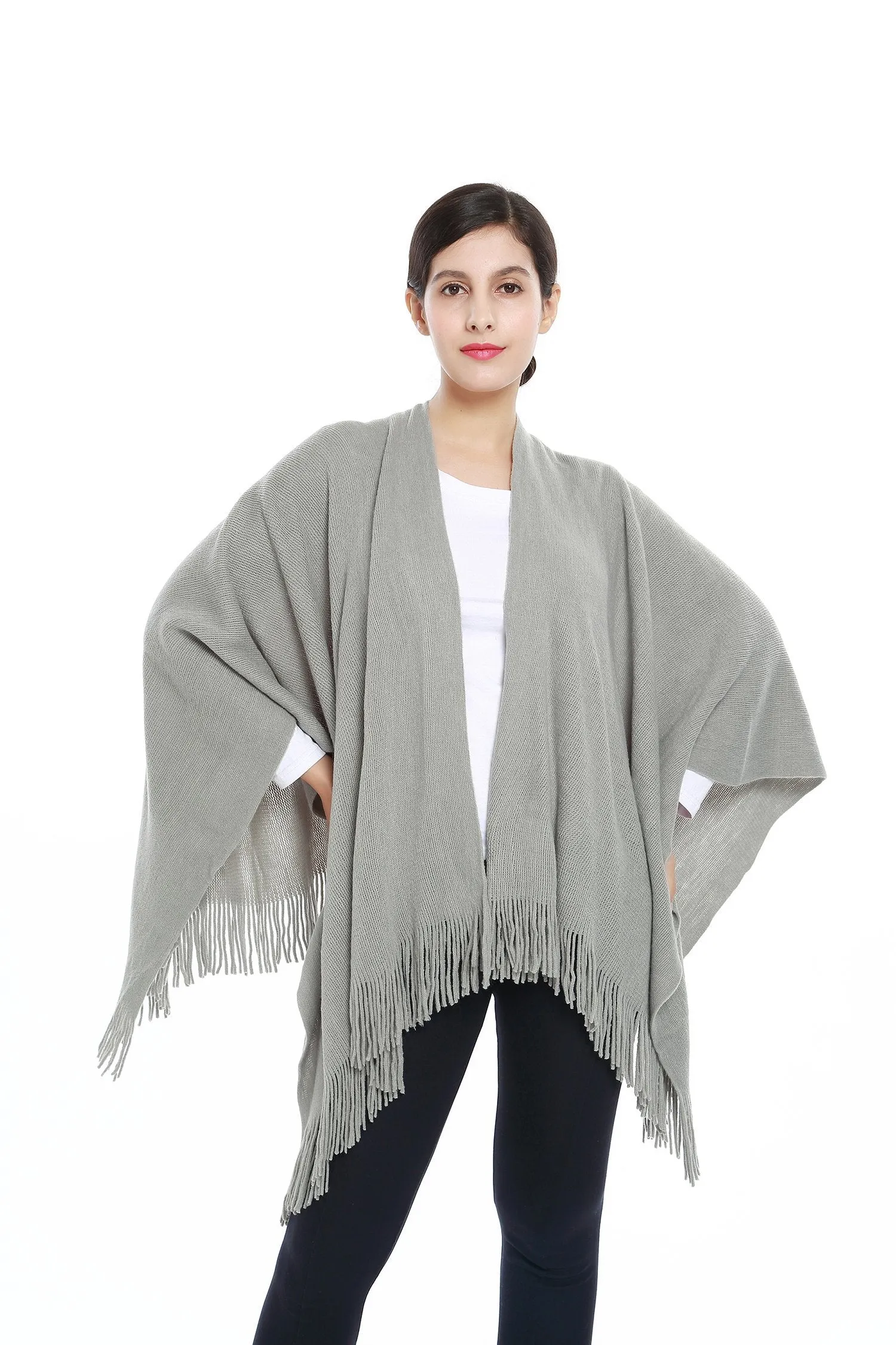 Women's Knitted Kimono Cardigan Cape Solid Gray Color CAR206