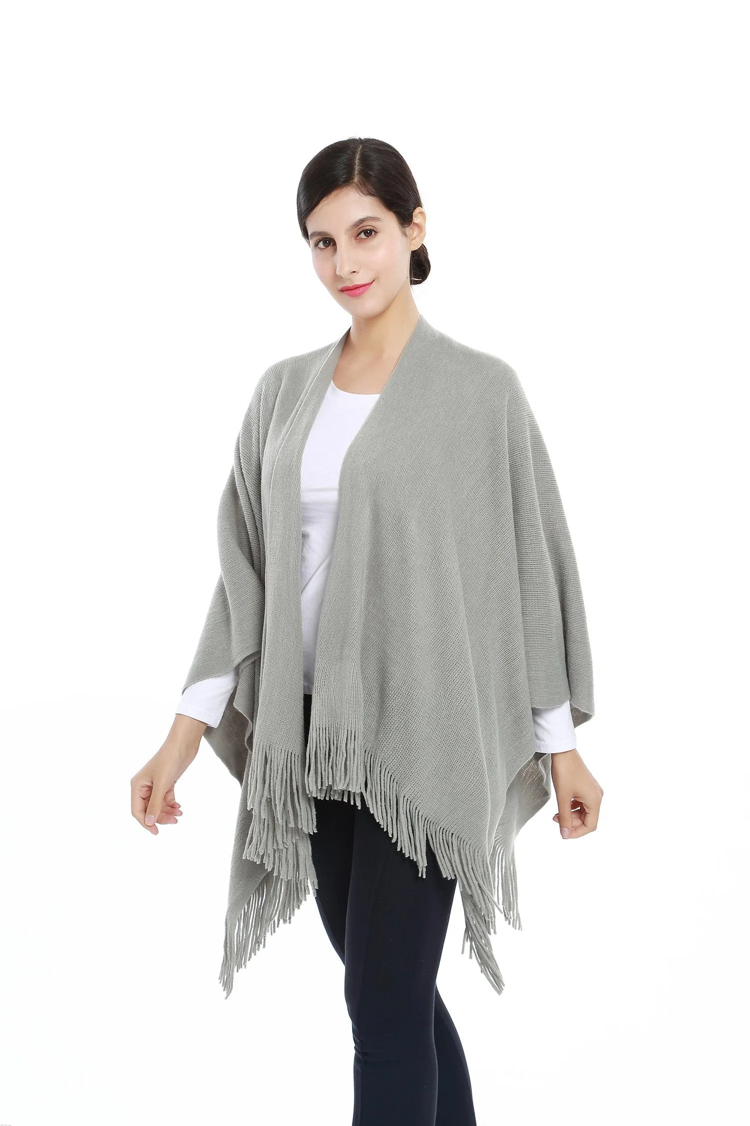 Women's Knitted Kimono Cardigan Cape Solid Gray Color CAR206