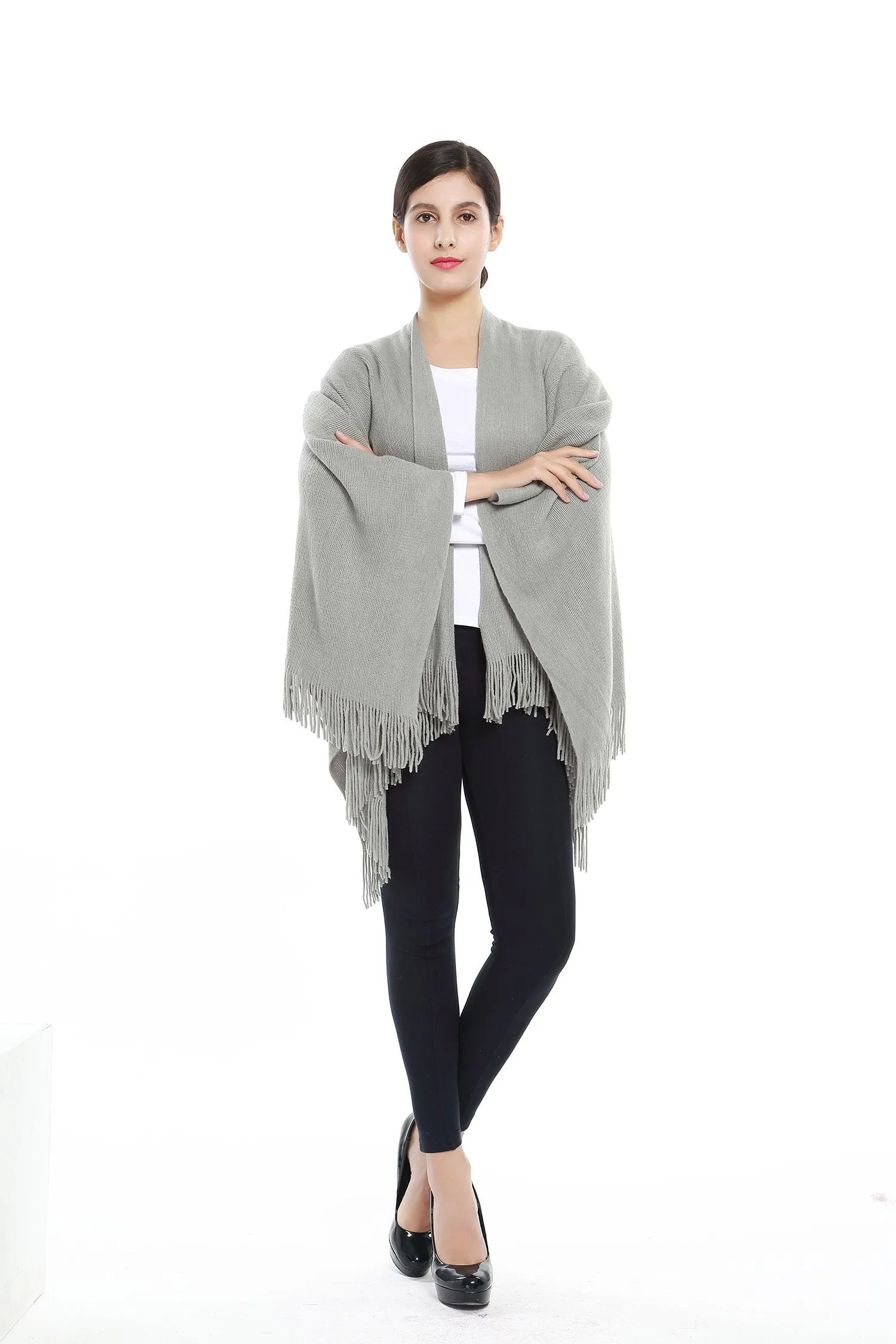 Women's Knitted Kimono Cardigan Cape Solid Gray Color CAR206