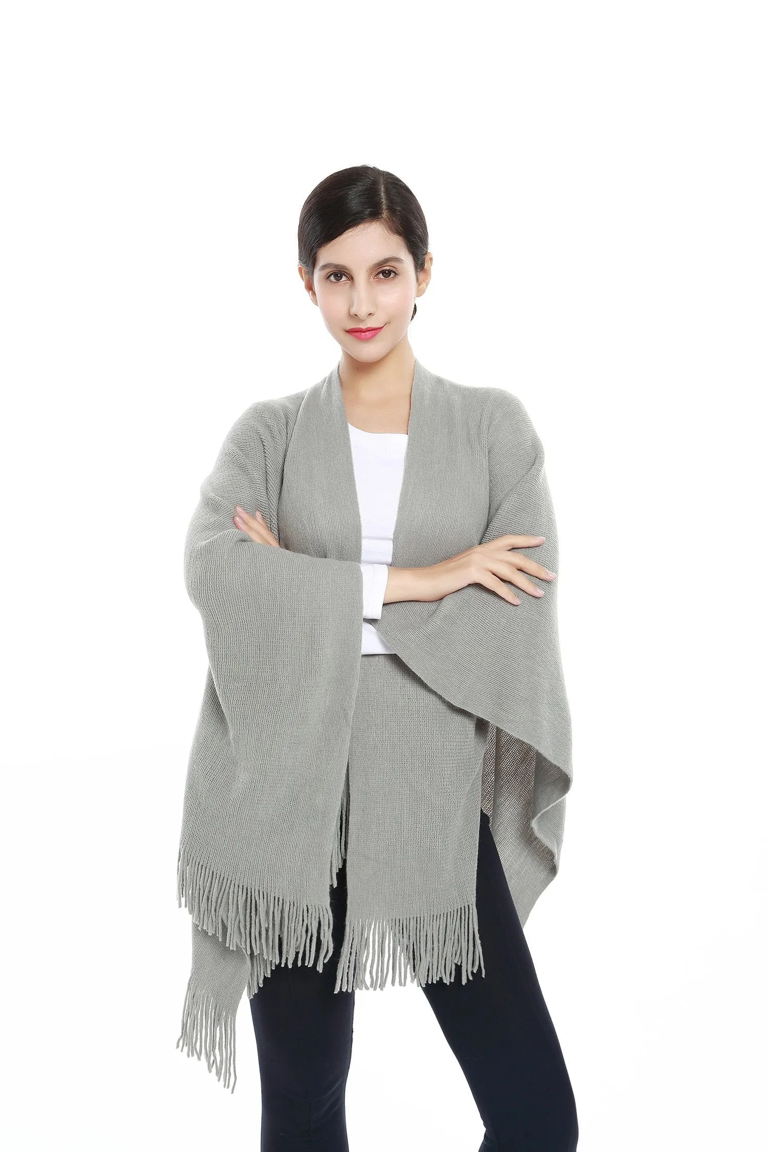 Women's Knitted Kimono Cardigan Cape Solid Gray Color CAR206