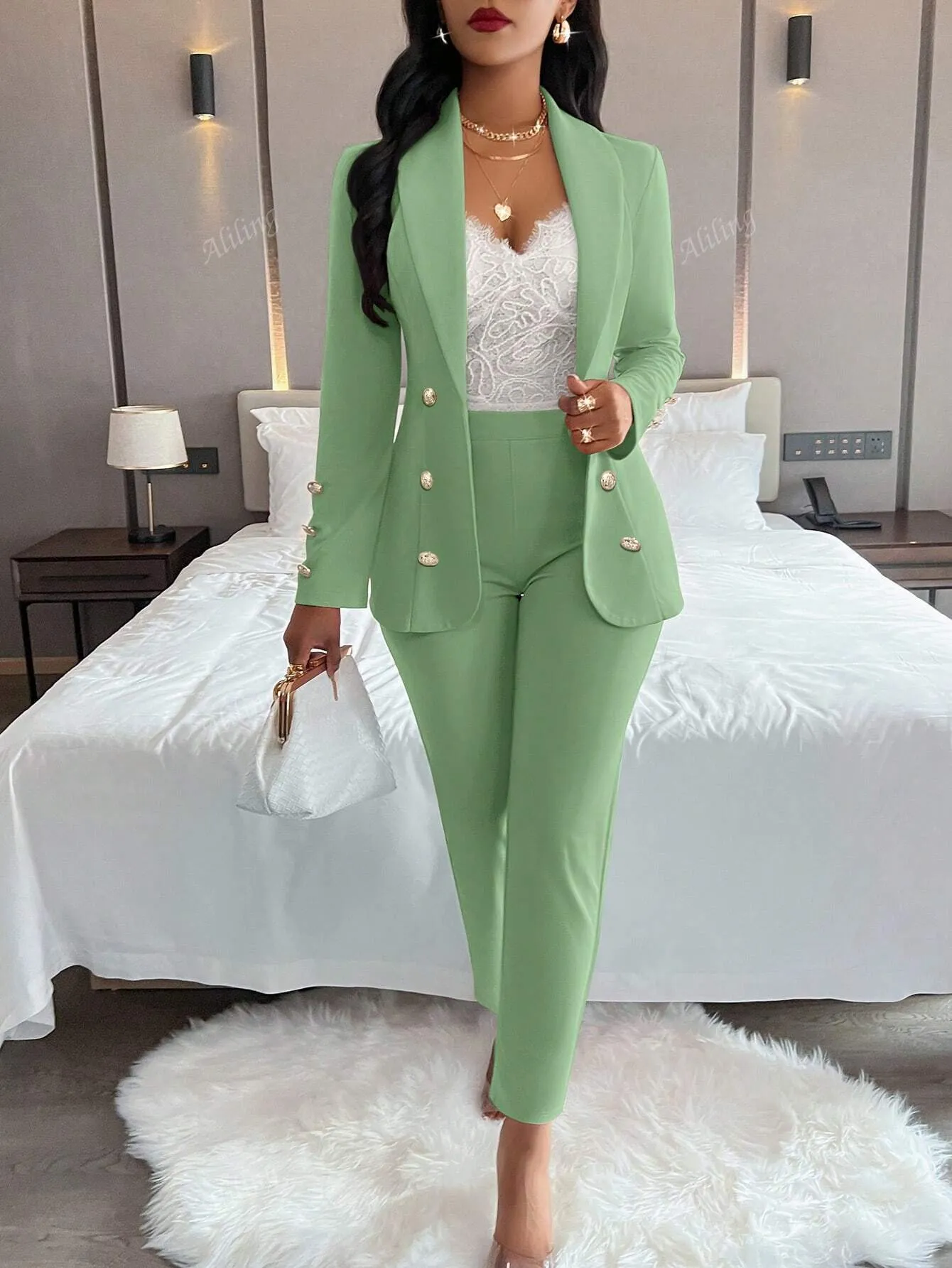 Women's Plain And Simple Daily Wear Long Sleeve Blazer And Long Pants Suit