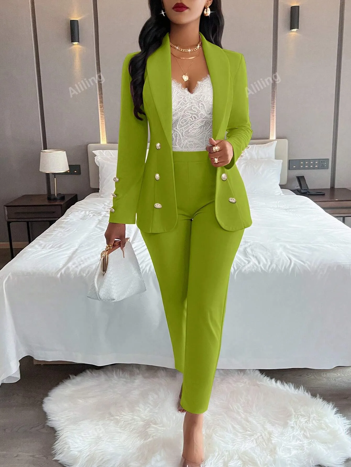 Women's Plain And Simple Daily Wear Long Sleeve Blazer And Long Pants Suit