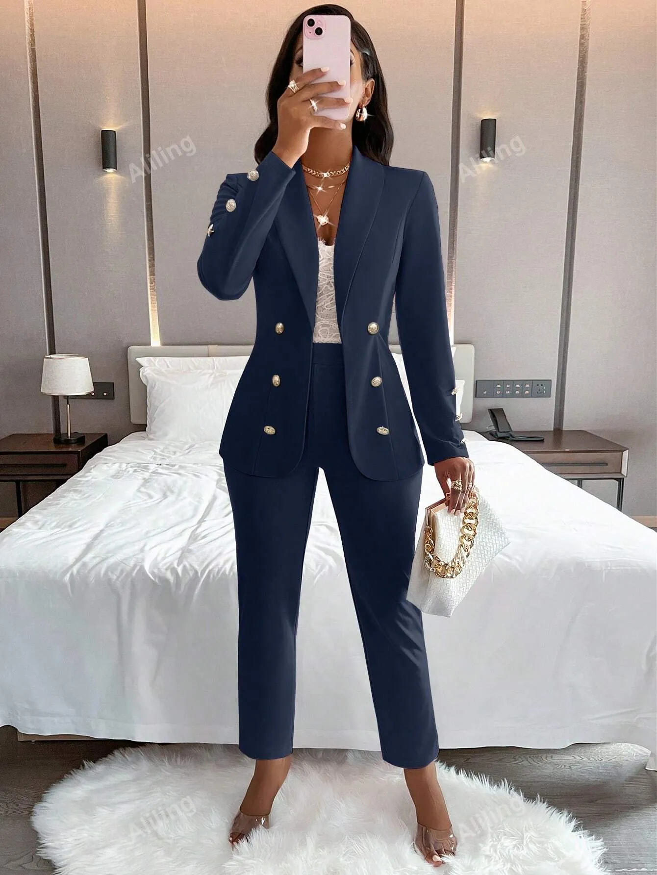 Women's Plain And Simple Daily Wear Long Sleeve Blazer And Long Pants Suit