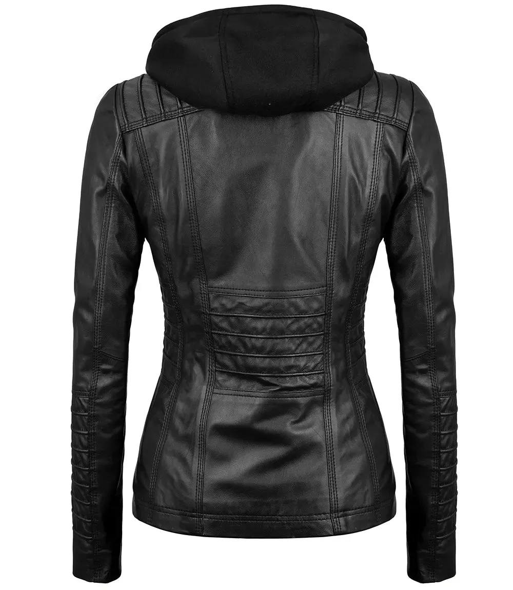 Women's Tall Black Leather Jacket With Removable Hood