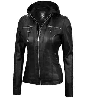 Women's Tall Black Leather Jacket With Removable Hood