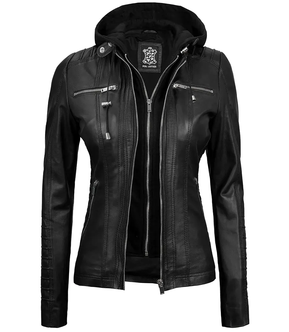 Women's Tall Black Leather Jacket With Removable Hood