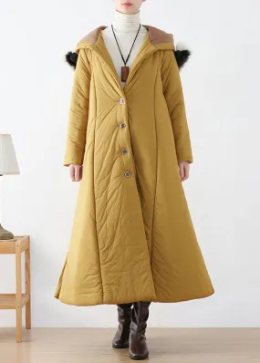 Yellow Side Open Hooded Long Parka Winter